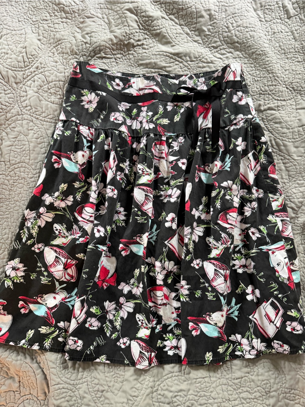 Black Floral Skater Skirt with Pink & White Accents